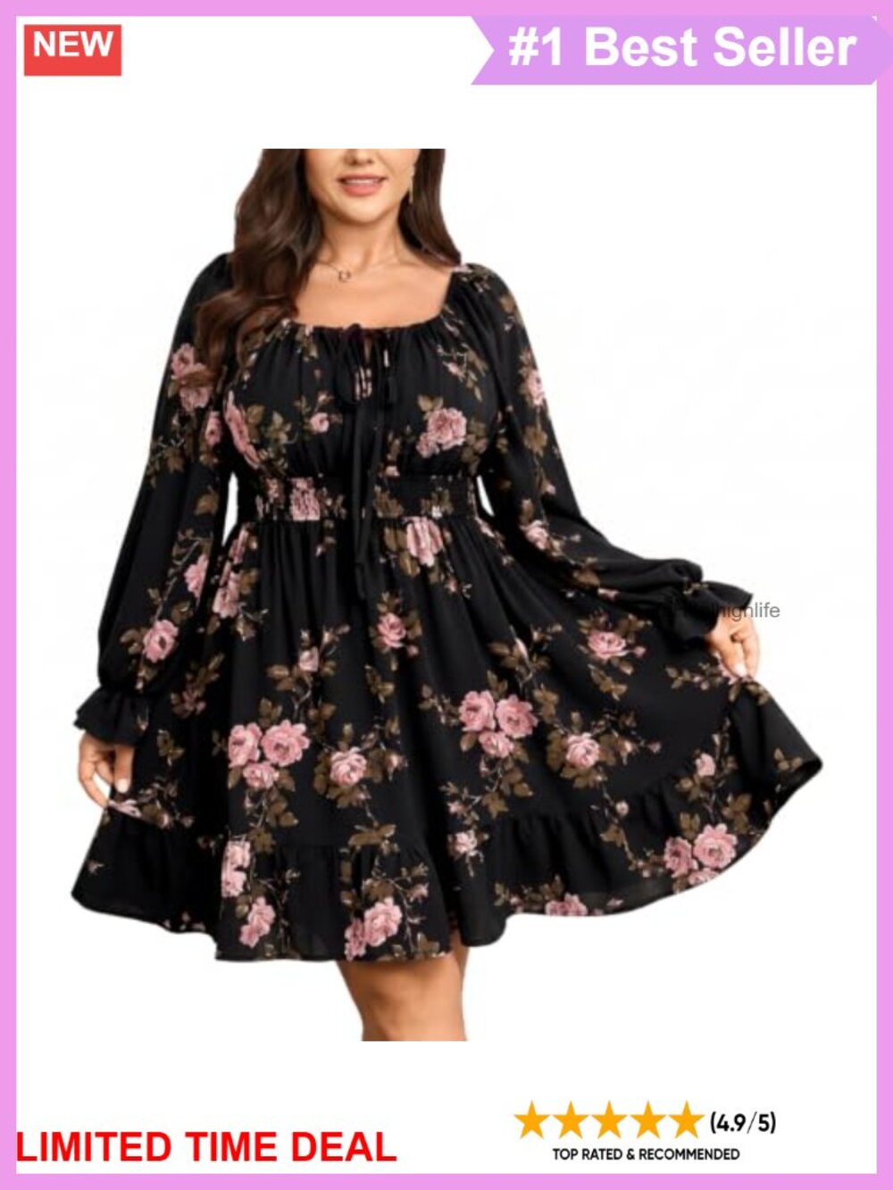 Plus Size Floral Mini Dress Square Neck Ruffle Long Sleeve Smocked Waist